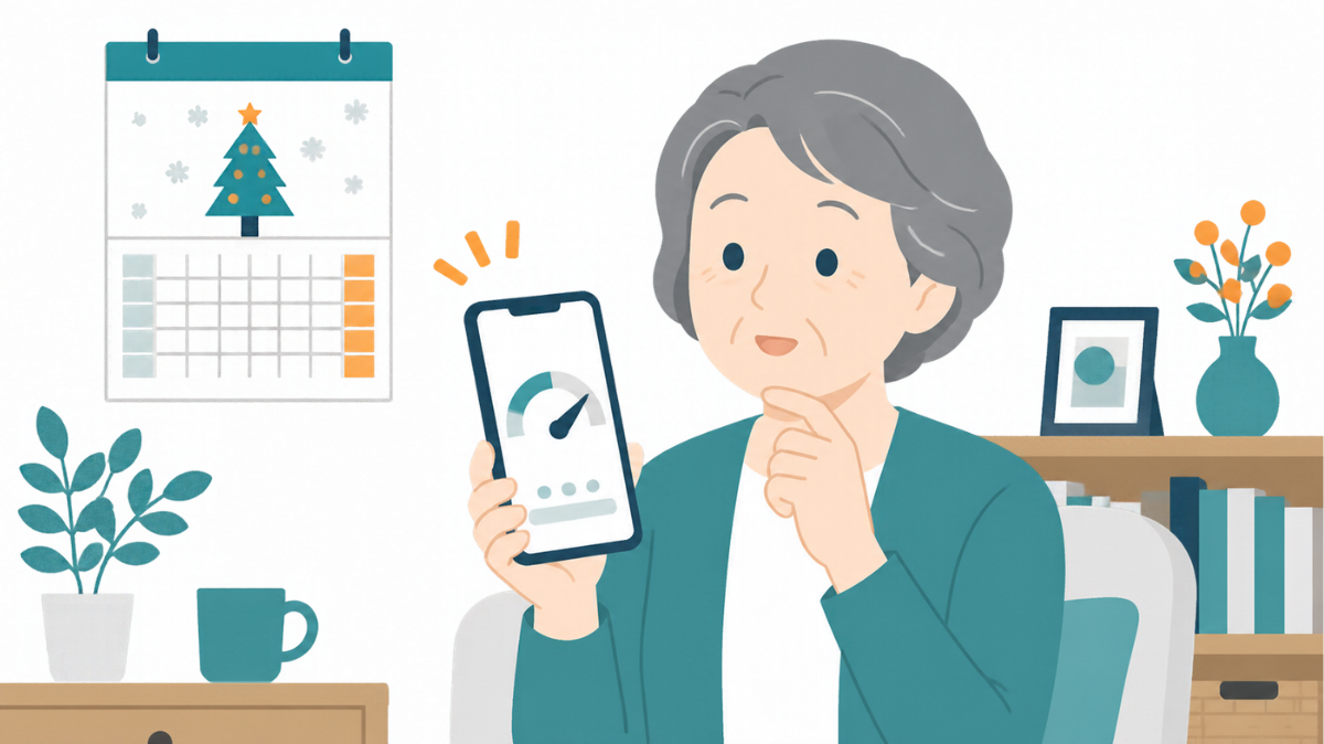 12月に、スマホのデータ使用量のメーターを確かめる60代の女性のイラスト