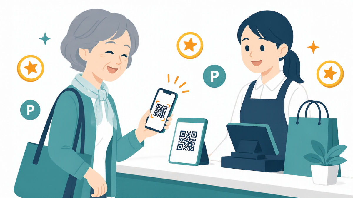 スマホのコード決済で買い物をしてポイントを受け取る60代の女性のイラスト