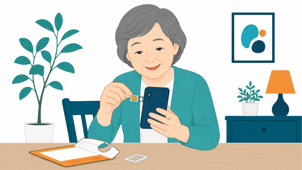 届いたSIMカードを自宅でスマホに差し込む60代の女性のイラスト