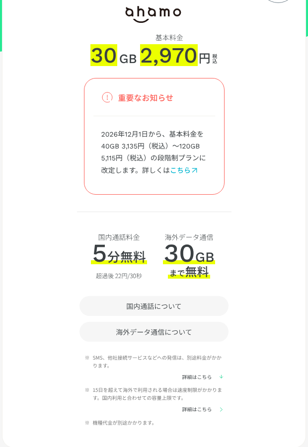 ahamoの基本料金30GB 2,970円と国内通話5分無料の記載